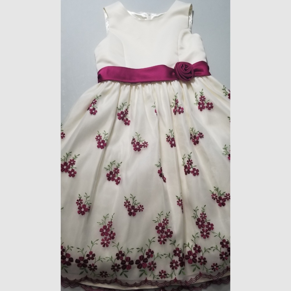 Off-White Dress with Magenta Bow and Flowers